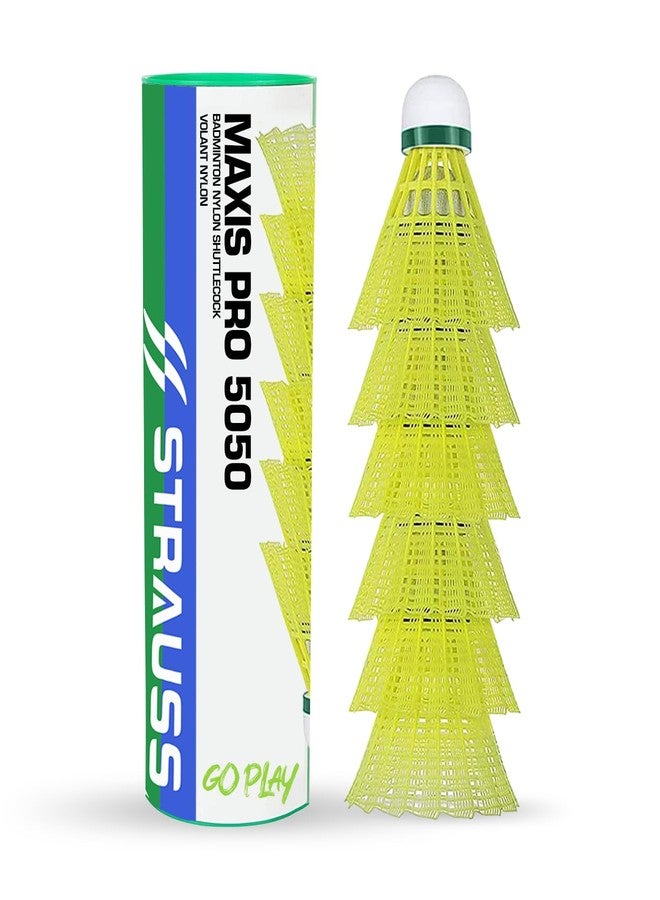 STRAUSS Maxis Pro Nylon Shuttlecock (Pack of 6) | Stable Flight, Fast Recovery & Near Feather Shuttle Performance | Medium Speed, Durable & Less Frequent Replacement, Yellow - Image 1