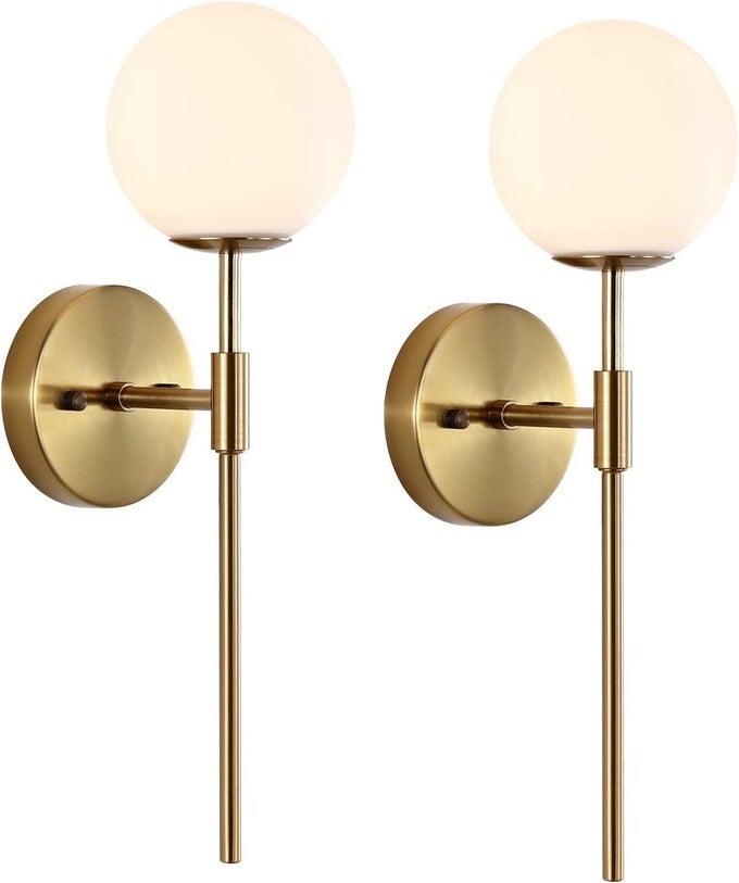GOLD WALL SCONCE SET OF 2 WITH WHITE GLOBE GLASS SHADES MODERN MID CENTURY BATHROOM VANITY WALL LIGHT FIXTURES INDUSTRIAL BRUSHED BRASS WALL LAMP FOR BEDROOM MIRROR LIVING ROOM RESTAURANT