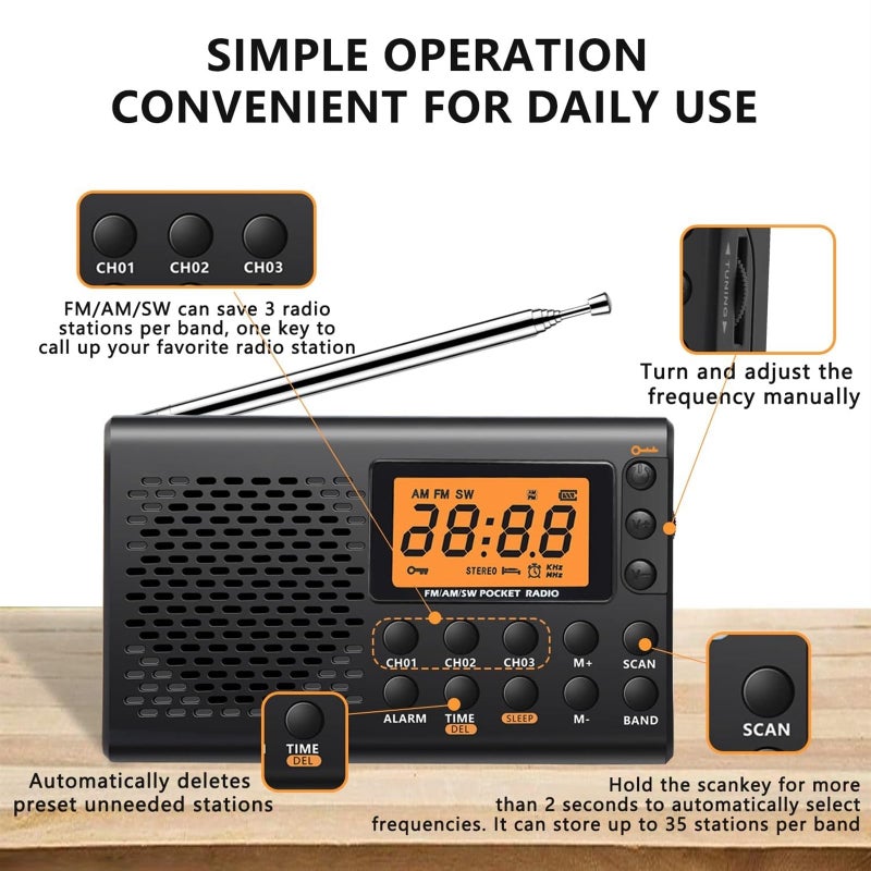 Portable AM/FM/Shortwave Radio, Batteries Operated Pocket Radios, Large Digital Display, Clock Radio with Alarm and Sleep Function, Earphone Included (Black) - Image 3