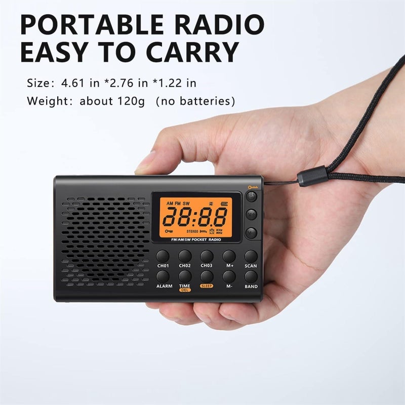 Portable AM/FM/Shortwave Radio, Batteries Operated Pocket Radios, Large Digital Display, Clock Radio with Alarm and Sleep Function, Earphone Included (Black) - Image 4