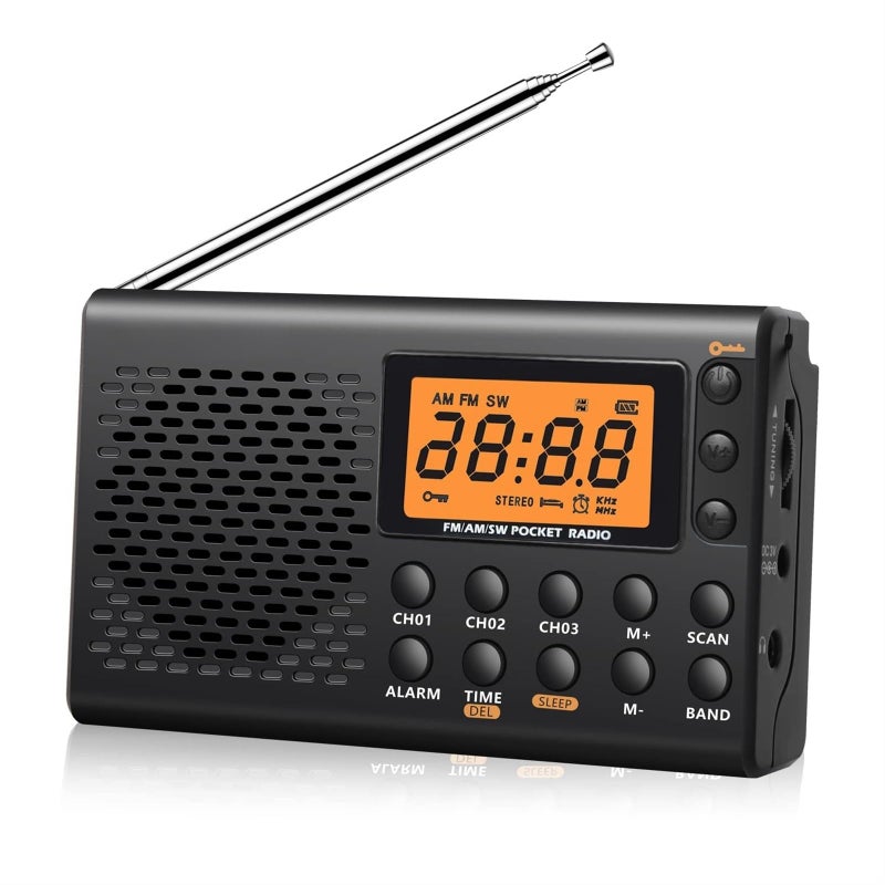 Portable AM/FM/Shortwave Radio, Batteries Operated Pocket Radios, Large Digital Display, Clock Radio with Alarm and Sleep Function, Earphone Included (Black) - Image 1