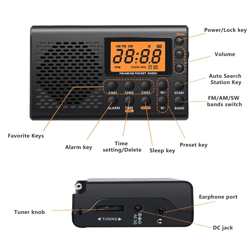 Portable AM/FM/Shortwave Radio, Batteries Operated Pocket Radios, Large Digital Display, Clock Radio with Alarm and Sleep Function, Earphone Included (Black) - Image 5