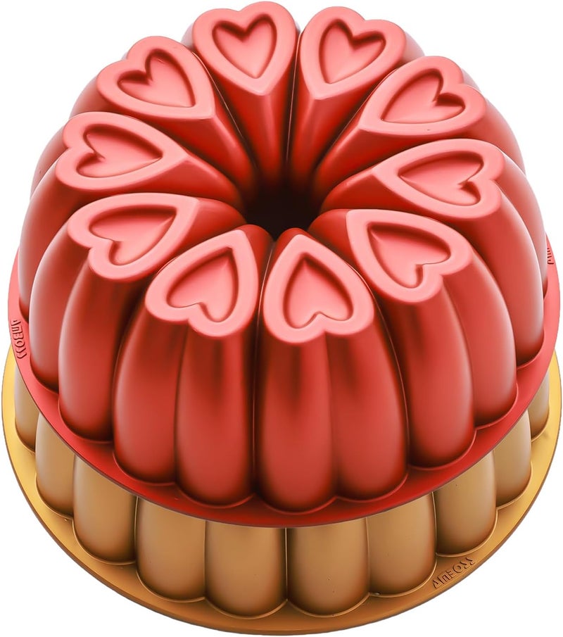 MIENCA Heart Shape Aluminum Cake Pan, Titanium Coating, Non-Stick, 12 Cups, Gifts for Mom, 10 Inch Baking Mold, Cast Aluminum Fluted Tube Pan, Easy to Clean (2-Pack, Red-Gold) - Image 1