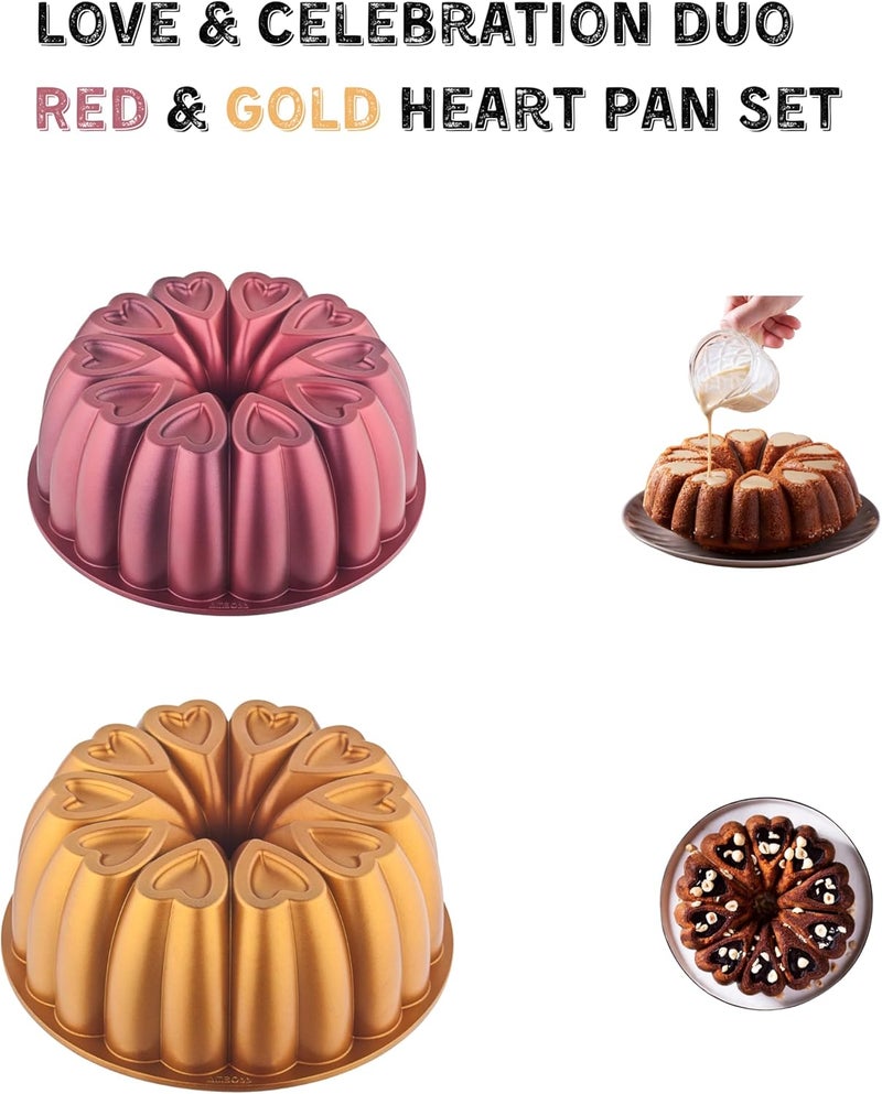 MIENCA Heart Shape Aluminum Cake Pan, Titanium Coating, Non-Stick, 12 Cups, Gifts for Mom, 10 Inch Baking Mold, Cast Aluminum Fluted Tube Pan, Easy to Clean (2-Pack, Red-Gold) - Image 2