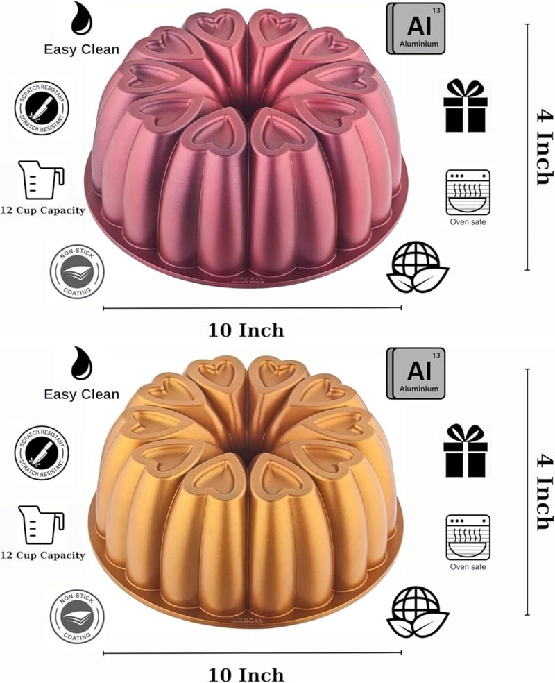 MIENCA Heart Shape Aluminum Cake Pan, Titanium Coating, Non-Stick, 12 Cups, Gifts for Mom, 10 Inch Baking Mold, Cast Aluminum Fluted Tube Pan, Easy to Clean (2-Pack, Red-Gold) - Image 3