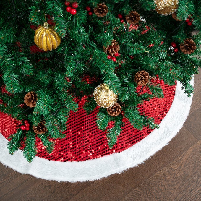 MR PEN CHRISTMAS TREE SKIRT 48 INCHES SPARKLING RED SEQUIN WITH WHITE FAUX FUR CHRISTMAS TREE SKIRTS