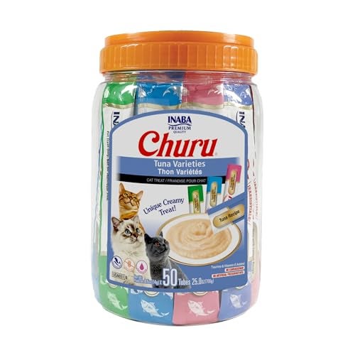 INABA Churu Cat Treats, Grain-Free, Lickable, Squeezable Creamy Purée Cat Treat/Topper with Vitamin E & Taurine, 0.5 Ounces Each Tube, 50 Tubes, Tuna Variety - Image 1