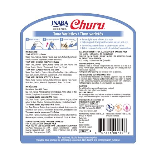 INABA Churu Cat Treats, Grain-Free, Lickable, Squeezable Creamy Purée Cat Treat/Topper with Vitamin E & Taurine, 0.5 Ounces Each Tube, 50 Tubes, Tuna Variety - Image 2