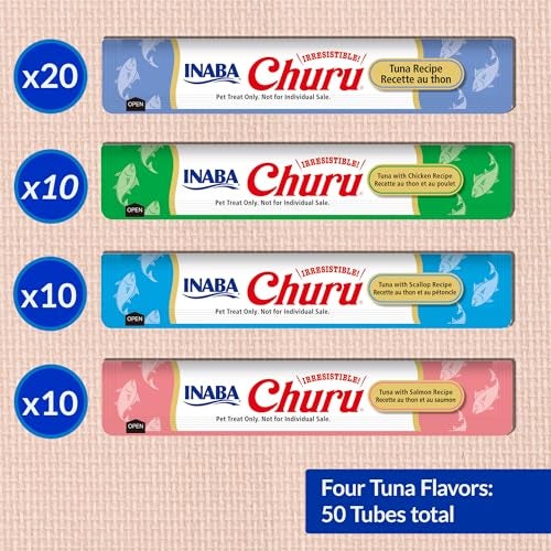 INABA Churu Cat Treats, Grain-Free, Lickable, Squeezable Creamy Purée Cat Treat/Topper with Vitamin E & Taurine, 0.5 Ounces Each Tube, 50 Tubes, Tuna Variety - Image 3