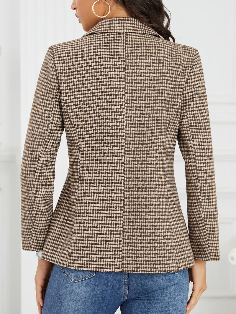 ELLEVEN Plaid Blazers for Women Business Casual Tweed Outfits One-Button Long Sleeve Boyfriend Suit Jacket Houndstooth Fall Work Office Dressy Professional Brown Houndstooth Large - Image 2
