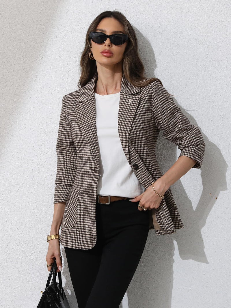 ELLEVEN Plaid Blazers for Women Business Casual Tweed Outfits One-Button Long Sleeve Boyfriend Suit Jacket Houndstooth Fall Work Office Dressy Professional Brown Houndstooth Large - Image 3