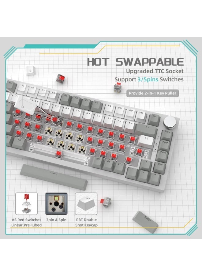 A-jazz AK820 Gaming Keyboard, USB-C Wired 75% Mechanical Keyboard, Spacer-Based Hot-Swappable, Customisable Keyboard, Single-Colour Backlighting, Five-Layer Cushioning, Mechanical Gaming Keyboard with Hot-Swappable Switches, Dials, Red Switches, Gaming Keyboard (Grey and White) - Image 2