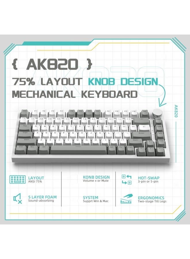 A-jazz AK820 Gaming Keyboard, USB-C Wired 75% Mechanical Keyboard, Spacer-Based Hot-Swappable, Customisable Keyboard, Single-Colour Backlighting, Five-Layer Cushioning, Mechanical Gaming Keyboard with Hot-Swappable Switches, Dials, Red Switches, Gaming Keyboard (Grey and White) - Image 3