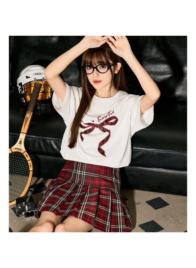 Tonlion Women's Front Chest Print Round Neck Short Sleeve T-shirt, Off-white, S - Image 2