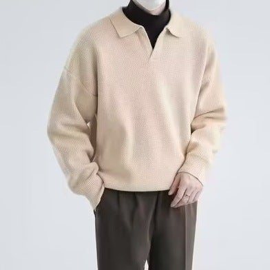 Vintage Collar Sweater Mens V-Neck Lazy Style Polo Shirt Long-Sleeved Jacket Casual Loose Knitted Base Shirt for Couple YM14 Black  - Image 2