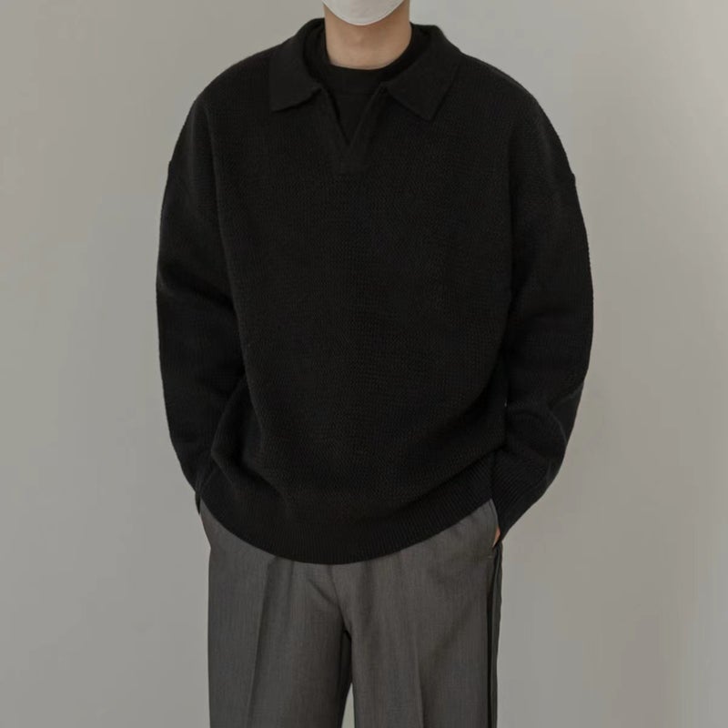Vintage Collar Sweater Mens V-Neck Lazy Style Polo Shirt Long-Sleeved Jacket Casual Loose Knitted Base Shirt for Couple YM14 Black  - Image 4