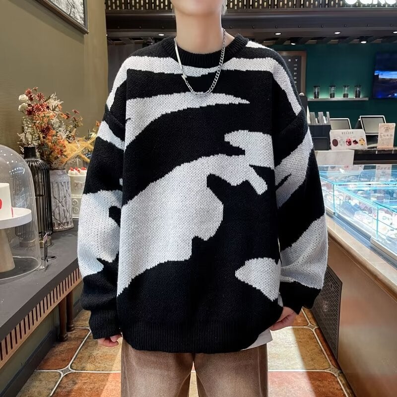 Vintage Collar Sweater Mens V-Neck Lazy Style Polo Shirt Long-Sleeved Jacket Casual Loose Knitted Base Shirt for Couple YM14 Black  - Image 1