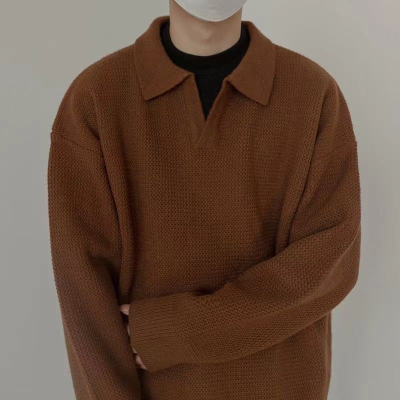 Vintage Collar Sweater Mens V-Neck Lazy Style Polo Shirt Long-Sleeved Jacket Casual Loose Knitted Base Shirt for Couple YM14 Black  - Image 3