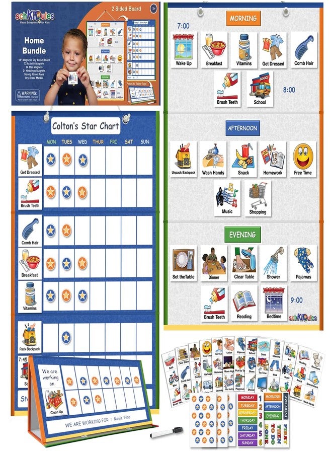 SchKIDules Magnetic Visual Schedule & Reward Chart for Home w/129 Colorful Magnets & 2-Sided 18” Folding Board; for Daily Routines, Chores, Behavioral Supports, Kids Calendar, ADHD & Autism Tools - Image 1