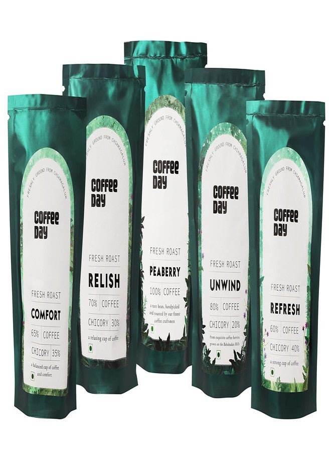 Cafe Coffee Day Filter Coffee Home Brew Pack | 5 Filter Coffee variants of Coffee Day - Starter Pack | Peaberry | Unwind | Relish | Refresh | Comfort - 75gm each - Image 1