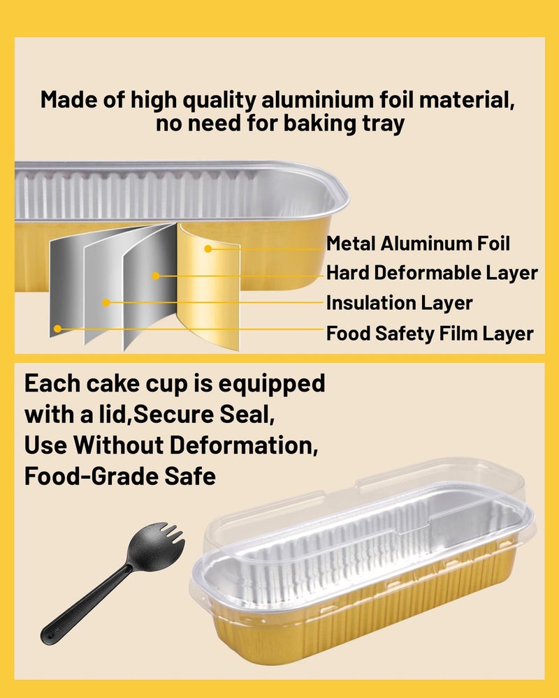 Tikxlafe 50 Pack Mini Loaf Pans with Lids & Spoons, 6.8oz Rectangle Aluminum Foil Baking Pans, Oven Safe Bread Tins for Brownie, Cheesecake, Lasagna - Disposable Food Containers-Gold - Image 2