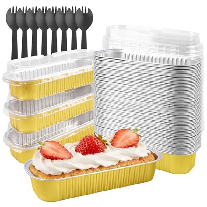 Tikxlafe 50 Pack Mini Loaf Pans with Lids & Spoons, 6.8oz Rectangle Aluminum Foil Baking Pans, Oven Safe Bread Tins for Brownie, Cheesecake, Lasagna - Disposable Food Containers-Gold - Image 1