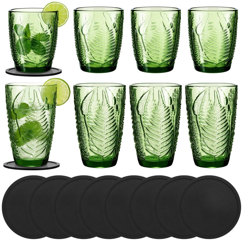 Ferrochef Green Drinking Glasses Set of 8 with Coasters 10 &12 oz Vintage Fern Leaves Textured Green Glass Cups Boho Aesthetic Retro Glassware Embossed Pattern Xmas Gift Drinkware for Juice Whiskey - Image 1