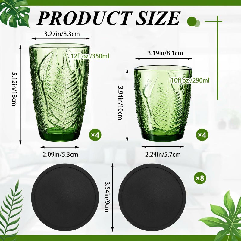 Ferrochef Green Drinking Glasses Set of 8 with Coasters 10 &12 oz Vintage Fern Leaves Textured Green Glass Cups Boho Aesthetic Retro Glassware Embossed Pattern Xmas Gift Drinkware for Juice Whiskey - Image 3