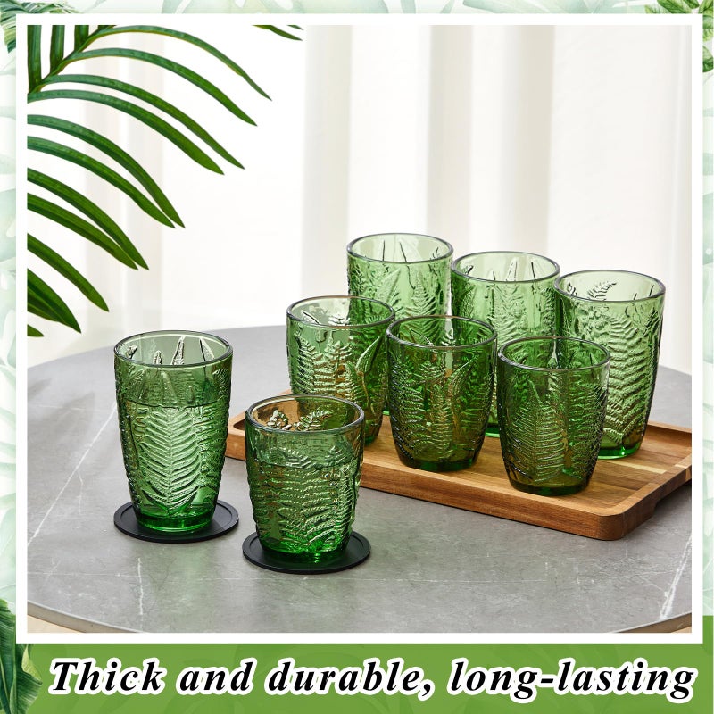 Ferrochef Green Drinking Glasses Set of 8 with Coasters 10 &12 oz Vintage Fern Leaves Textured Green Glass Cups Boho Aesthetic Retro Glassware Embossed Pattern Xmas Gift Drinkware for Juice Whiskey - Image 5