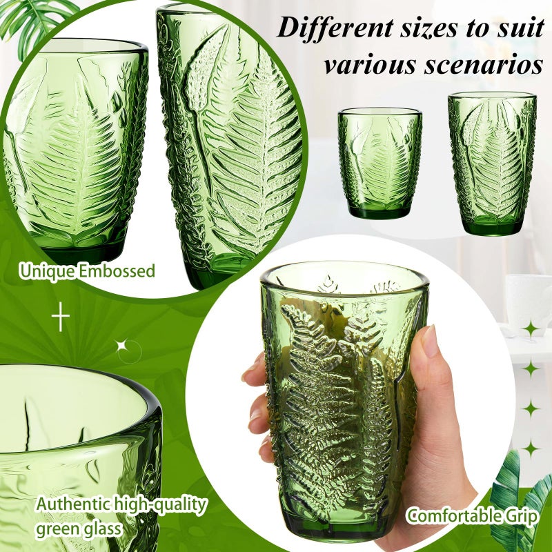 Ferrochef Green Drinking Glasses Set of 8 with Coasters 10 &12 oz Vintage Fern Leaves Textured Green Glass Cups Boho Aesthetic Retro Glassware Embossed Pattern Xmas Gift Drinkware for Juice Whiskey - Image 4