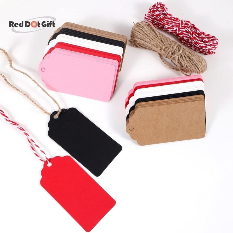 ريد دوت جيفت علامات هدايا REDDOTGIFT، 100 قطعة من علامات ورق الكرافت مع 10 أمتار من خيوط الجوت الطبيعية، علامات حرفية وملصقات هدايا لحفلات الزفاف وعيد الميلاد وعيد الشكر... (4.5x9 سم، مزيج من 5 ألوان) - Image 2