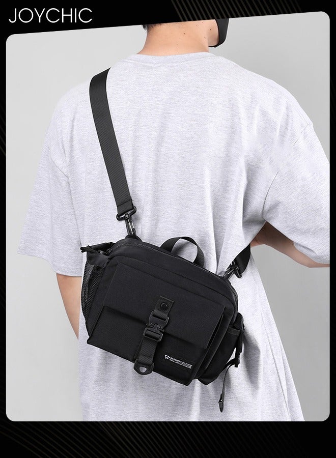 Joychic حقيبة كتف عصرية للرجال بسعة كبيرة لحقيبة السفر الخارجية، حقيبة خصر متعددة الطبقات متعددة الوظائف، حقيبة صدر عادية مع أحزمة قابلة للتعديل باللون الأسود - Image 1