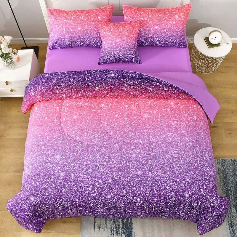 JQinHome Twin Pink Purple Comforter Set, 6 Piece Bed in A Bag 3D Colorful Bedding Set for Girls Kids (1 Comforter,2 Pillowcases,1 Flat Sheet,1 Fitted Sheet,1 Cushion Cover)(Pink Purple) - Image 3