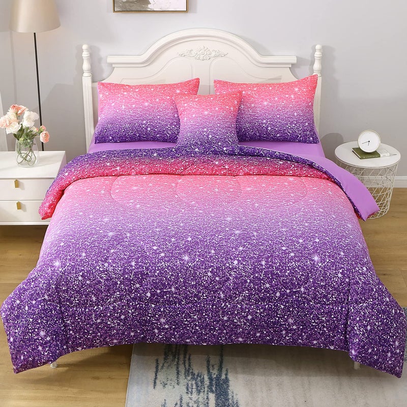 JQinHome Twin Pink Purple Comforter Set, 6 Piece Bed in A Bag 3D Colorful Bedding Set for Girls Kids (1 Comforter,2 Pillowcases,1 Flat Sheet,1 Fitted Sheet,1 Cushion Cover)(Pink Purple) - Image 1