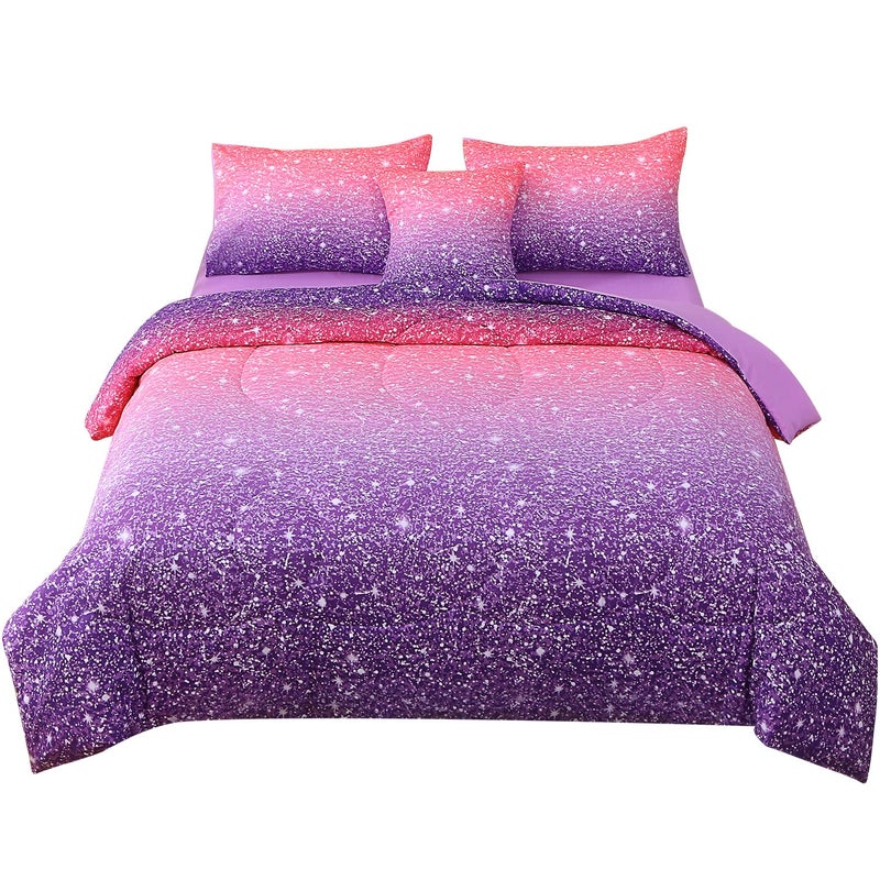 JQinHome Twin Pink Purple Comforter Set, 6 Piece Bed in A Bag 3D Colorful Bedding Set for Girls Kids (1 Comforter,2 Pillowcases,1 Flat Sheet,1 Fitted Sheet,1 Cushion Cover)(Pink Purple) - Image 2