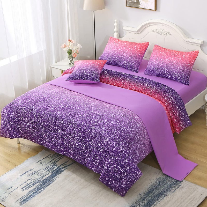 JQinHome Twin Pink Purple Comforter Set, 6 Piece Bed in A Bag 3D Colorful Bedding Set for Girls Kids (1 Comforter,2 Pillowcases,1 Flat Sheet,1 Fitted Sheet,1 Cushion Cover)(Pink Purple) - Image 4