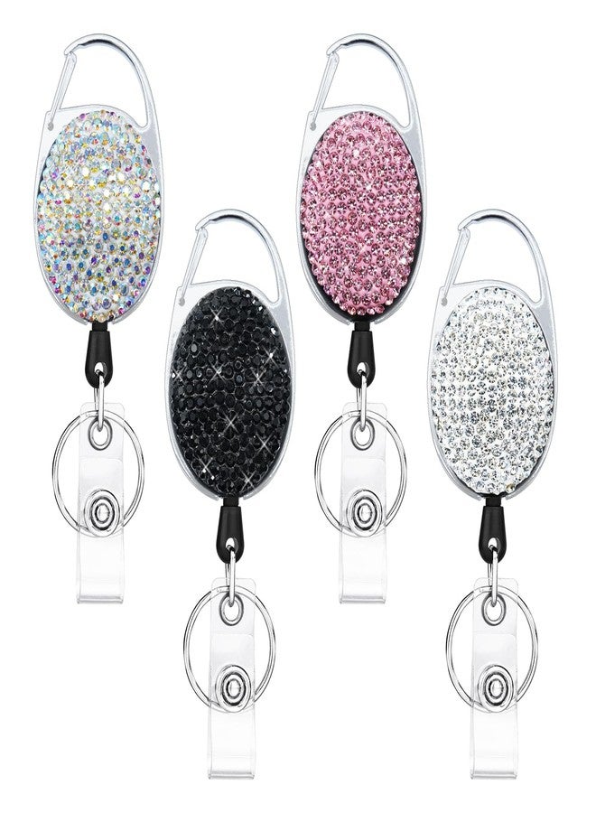 SQEYYGI 4PCS Badge Holder Retractable Clip with Bling Rhinestones Crystal, Sparkly Badge Reel with Belt Clip and Key Ring (White + Pink + AB Clour + Black) - Image 1