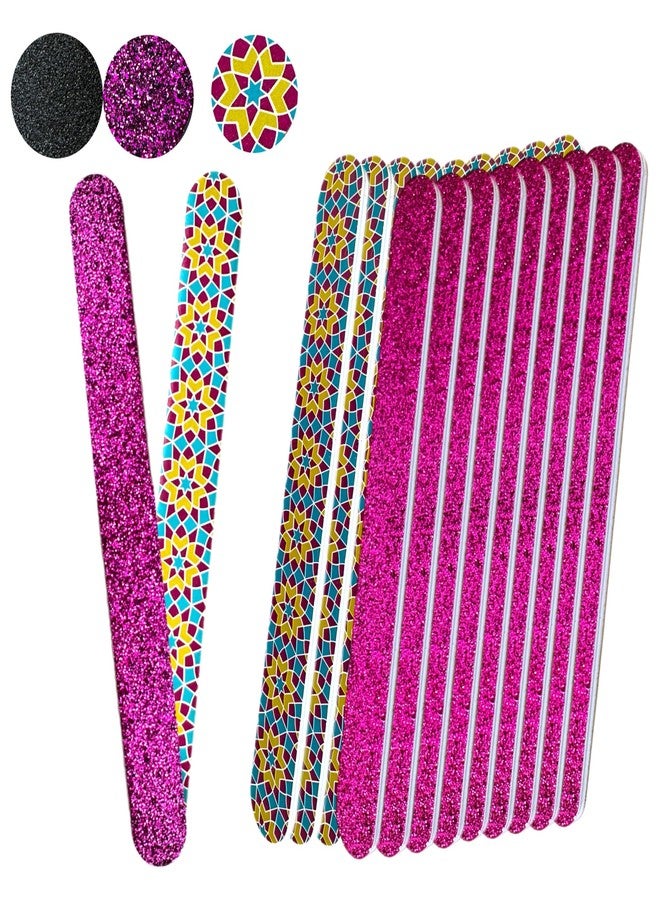 ALAZCO 20 pc ALAZCO Premium Nail Files Coarse Medium Grit Professionals & DIY Washable Emery Boards for Natural Acrylic Gel Press-On Nails Travel TSA Friendly Geometric Pattern/Black & Pink Glitters - Image 1