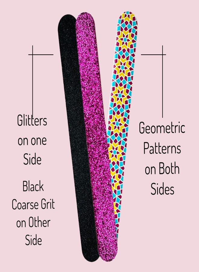 ALAZCO 20 pc ALAZCO Premium Nail Files Coarse Medium Grit Professionals & DIY Washable Emery Boards for Natural Acrylic Gel Press-On Nails Travel TSA Friendly Geometric Pattern/Black & Pink Glitters - Image 2