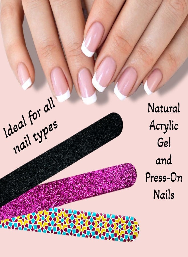 ALAZCO 20 pc ALAZCO Premium Nail Files Coarse Medium Grit Professionals & DIY Washable Emery Boards for Natural Acrylic Gel Press-On Nails Travel TSA Friendly Geometric Pattern/Black & Pink Glitters - Image 3