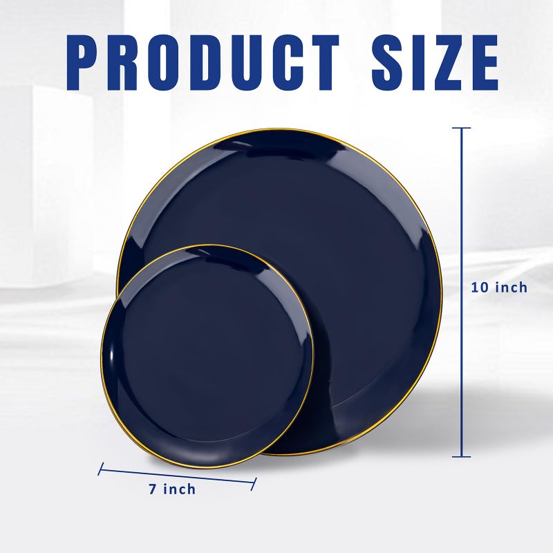 bUCLA 100PCS Blue Plastic Plates - Navy Blue Disposable with Gold Rim, Include 50 Each (10 inch Dinner & 7 inch Dessert) Plates, Ideal for Party and Hanukkah - Image 2