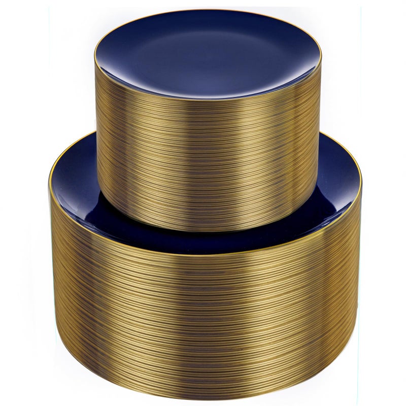 bUCLA 100PCS Blue Plastic Plates - Navy Blue Disposable with Gold Rim, Include 50 Each (10 inch Dinner & 7 inch Dessert) Plates, Ideal for Party and Hanukkah - Image 1