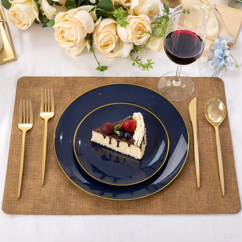 bUCLA 100PCS Blue Plastic Plates - Navy Blue Disposable with Gold Rim, Include 50 Each (10 inch Dinner & 7 inch Dessert) Plates, Ideal for Party and Hanukkah - Image 5