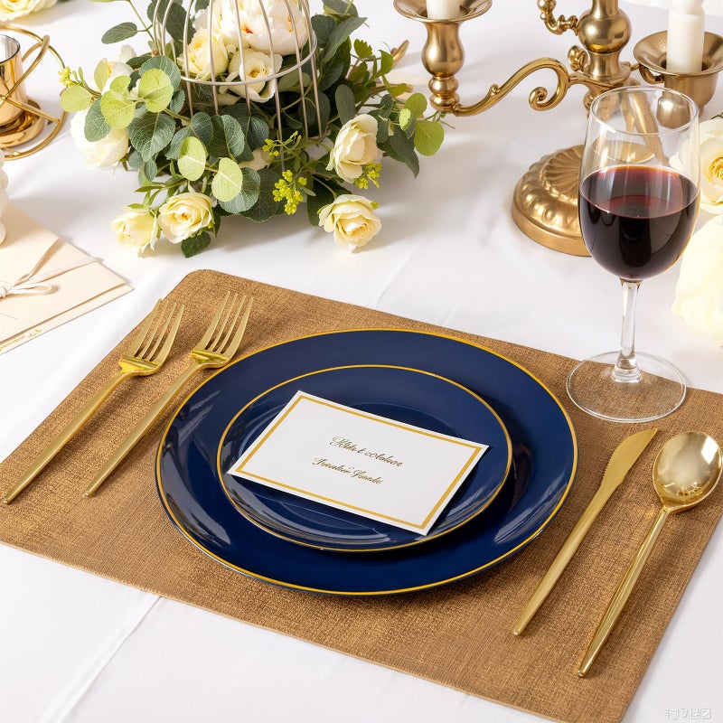 bUCLA 100PCS Blue Plastic Plates - Navy Blue Disposable with Gold Rim, Include 50 Each (10 inch Dinner & 7 inch Dessert) Plates, Ideal for Party and Hanukkah - Image 3