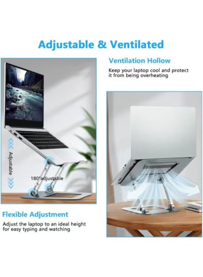 TIGER Adjustable Aluminum Laptop Stand – Foldable Ergonomic Riser for Desk Setup – Compatible with MacBook, Dell, HP, Lenovo, ASUS & More – Portable Ventilated Laptop Holder for 10 to 17 Inch Devices – Sturdy Silver Metal Stand with Heat Dissipation, Anti-Slip Silicone Base - Image 2