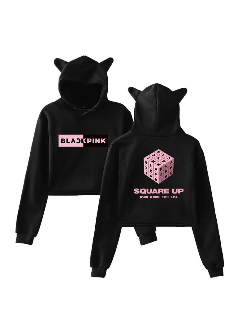 BLACKPINK Girl Group Cat Ears Short Hoodie Autumn And Winter Women's Casual Loose And Fleece Hoodie  - Image 1