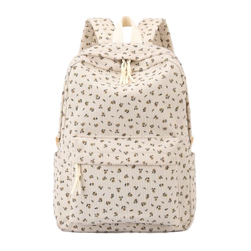 Tanweibago School Backpack for Girls Corduroy Bookbag 16inch Elementary Primary Preschool for Teen Boys Girl Travel Casual Daypacks (Flora Beige) - Image 1