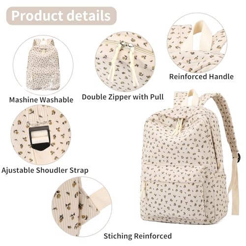 Tanweibago School Backpack for Girls Corduroy Bookbag 16inch Elementary Primary Preschool for Teen Boys Girl Travel Casual Daypacks (Flora Beige) - Image 3