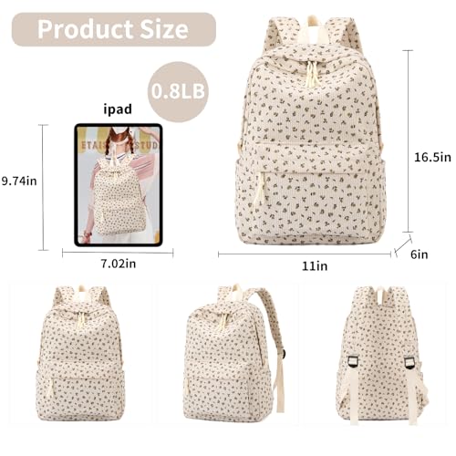 Tanweibago School Backpack for Girls Corduroy Bookbag 16inch Elementary Primary Preschool for Teen Boys Girl Travel Casual Daypacks (Flora Beige) - Image 2