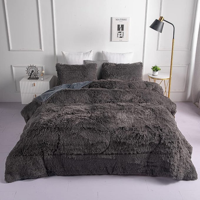 FAUX FUR PLUSH GRAY COMFORTER SETS TWINFULL SIZE ULTRA SOFT SHAGGY FLANNEL VELVET FLUFFY FUZZY 3PC BEDDING SET COMFORTER X 1 PILLOWCASES X 2